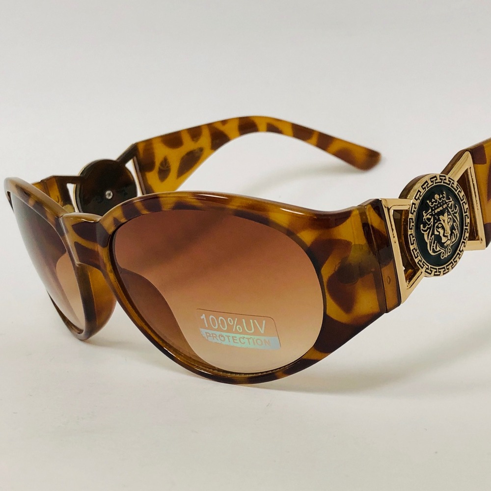 BROWN TORTOISE GOLD LION HEAD MEDALLION SQUARE SUNGLASSES RETRO DESIGNER FASHION - Picture 3 of 4